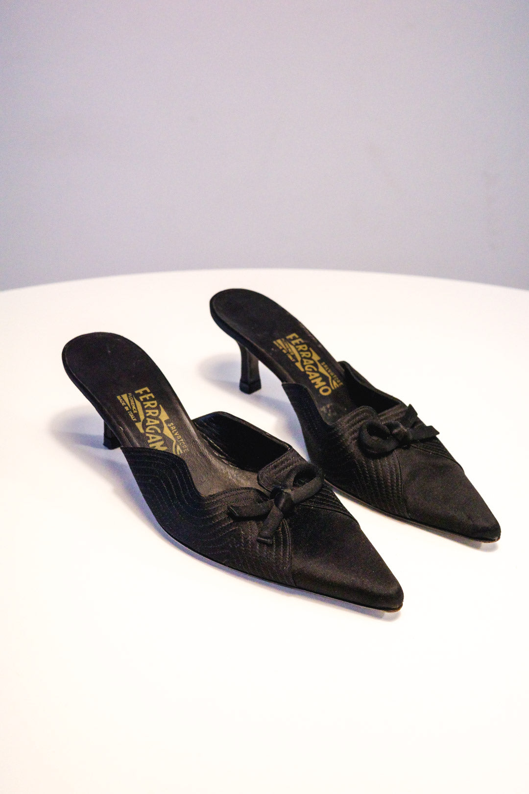 Salvatore Ferragamo Onyx Satin Mules | 37.5