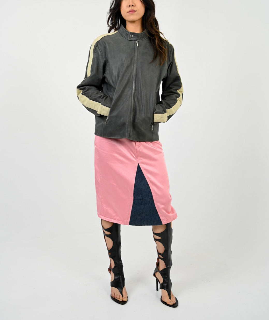 Grigio Moto Stripe Leather Jacket