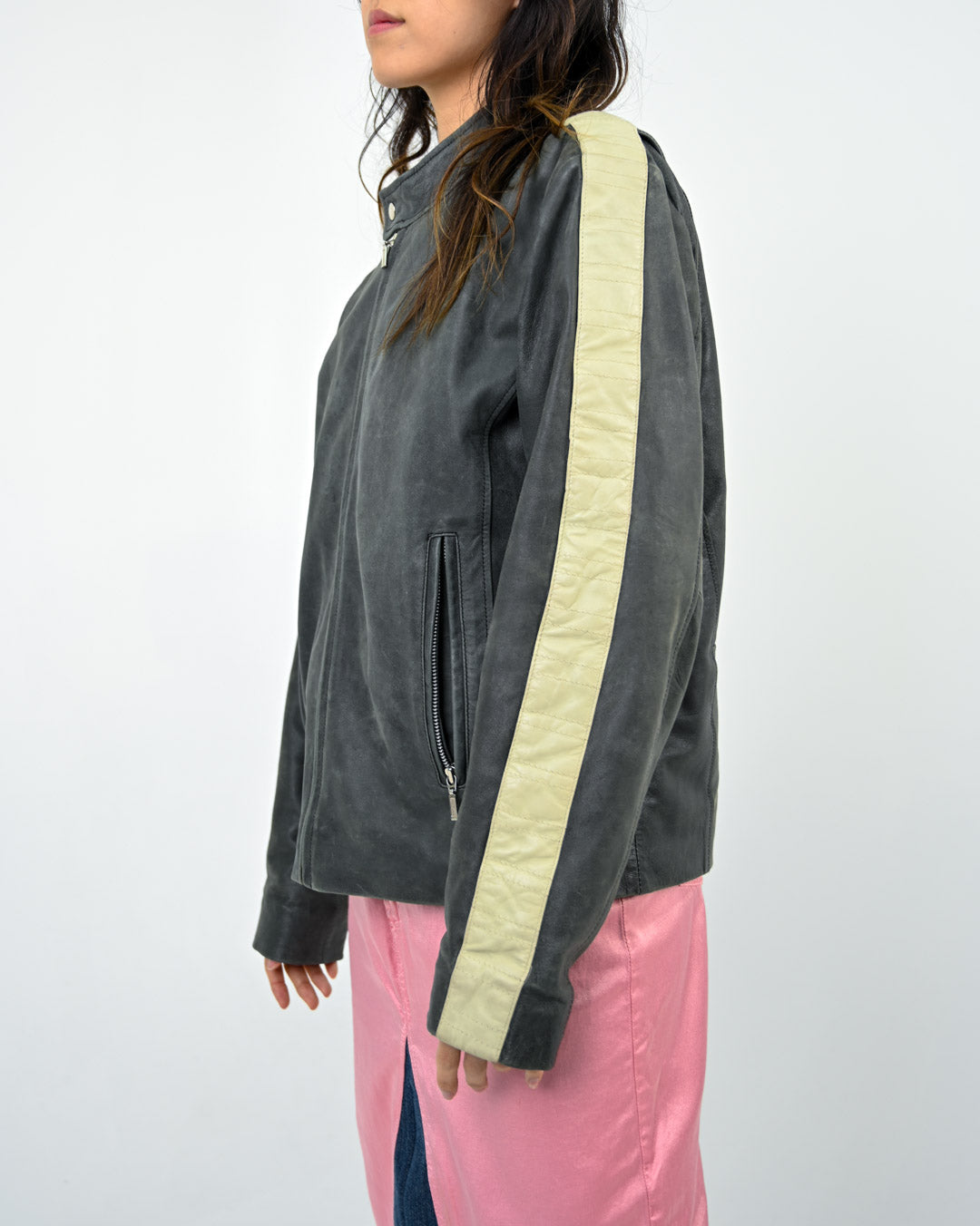Grigio Moto Stripe Leather Jacket