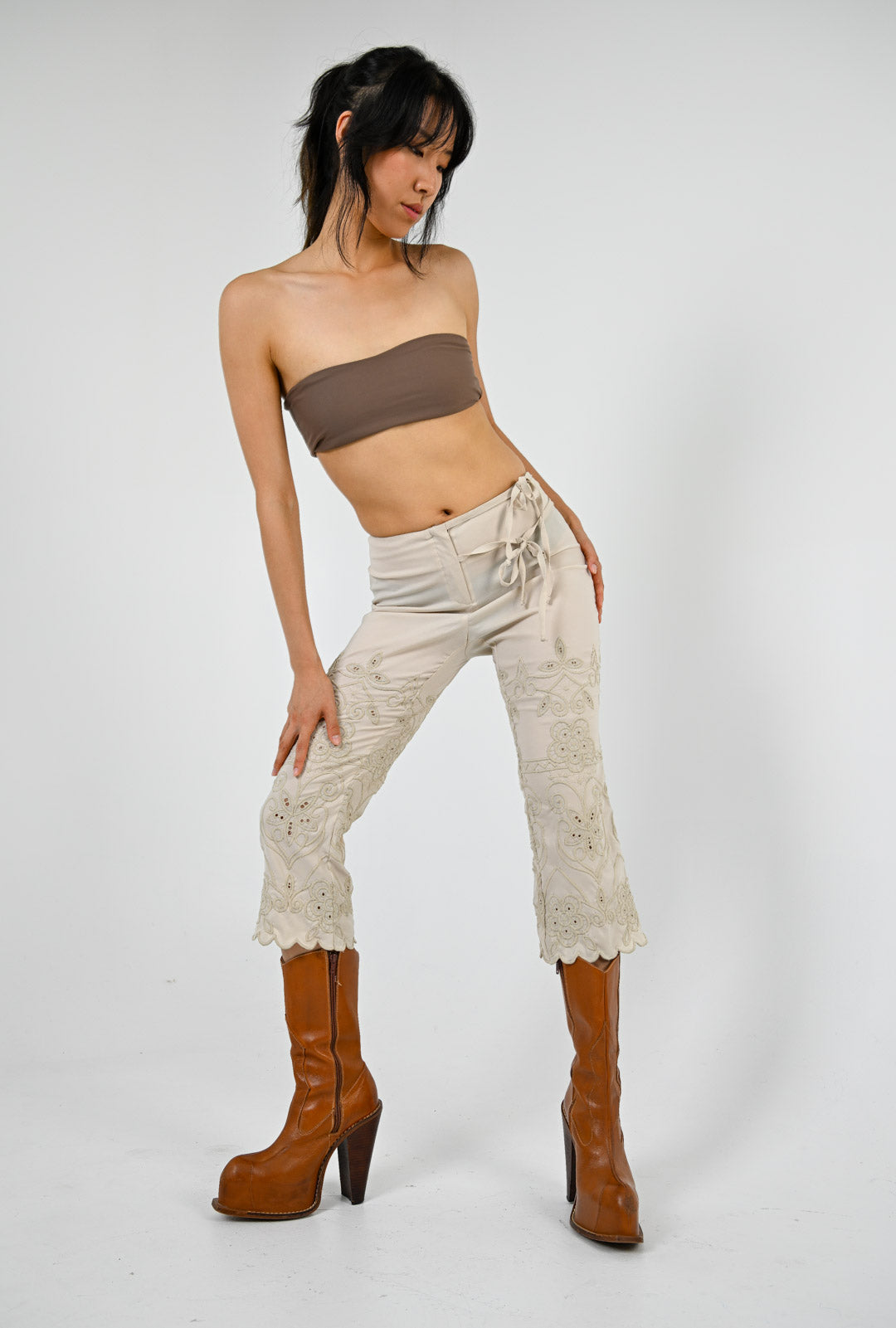Ecru Eyelet Cropped Pants