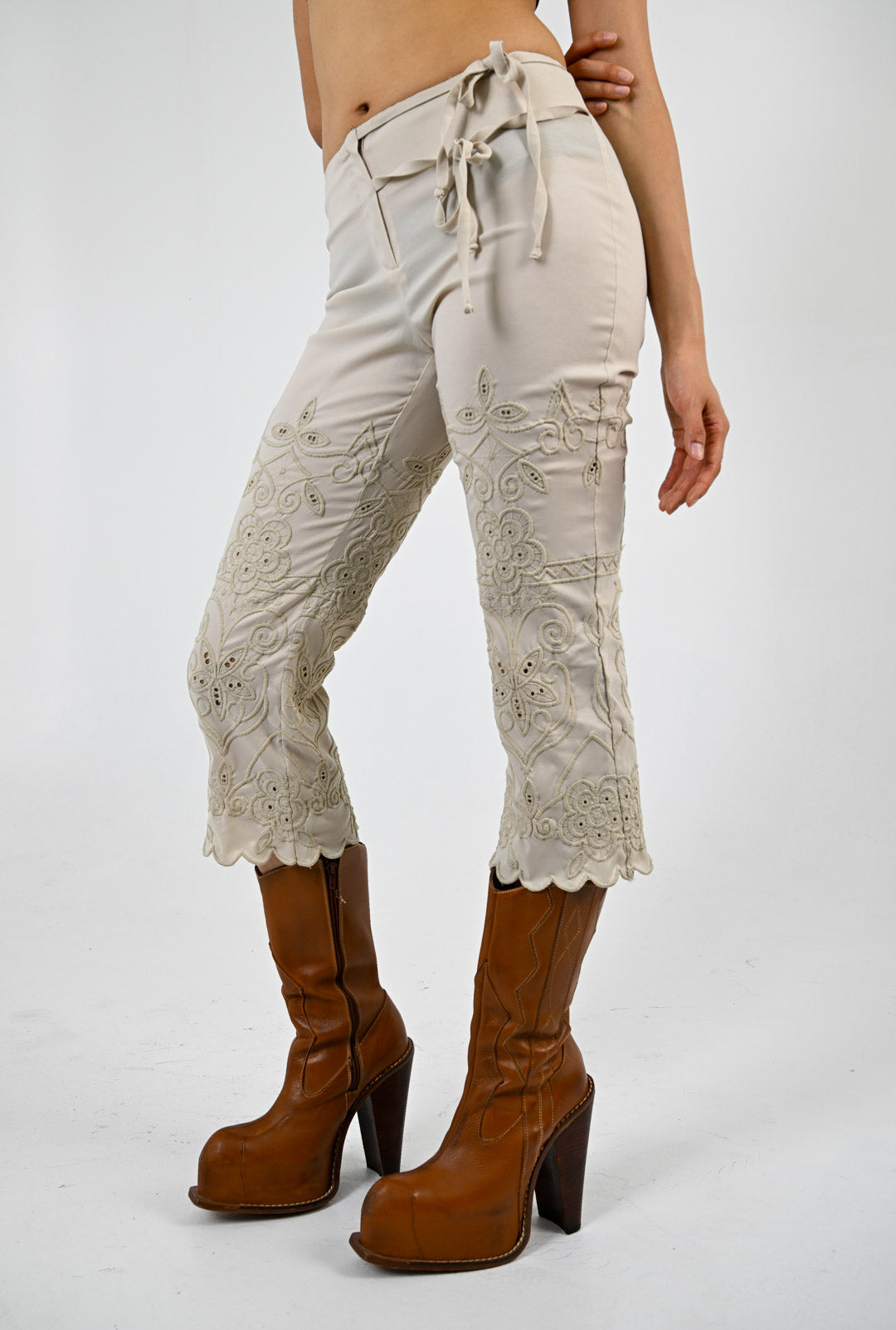 Ecru Eyelet Cropped Pants