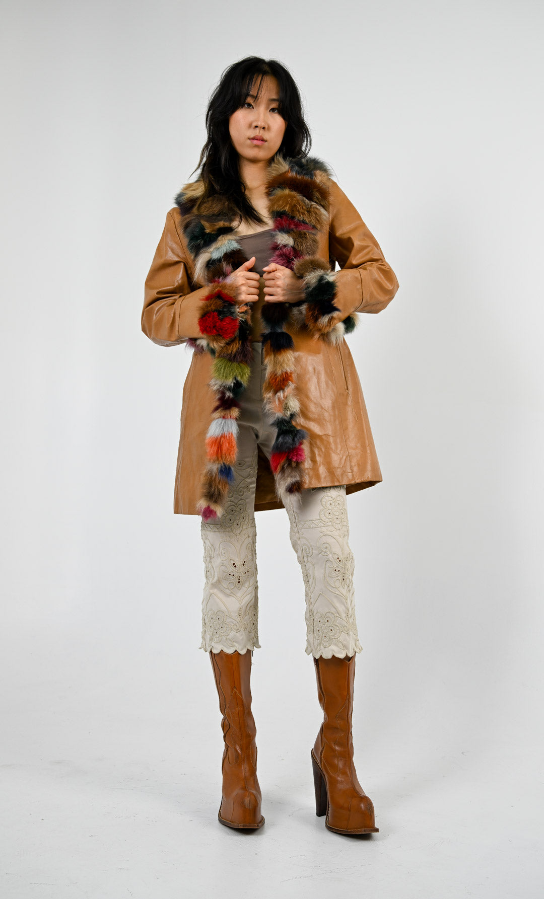 Palette Fur Trim Leather Coat