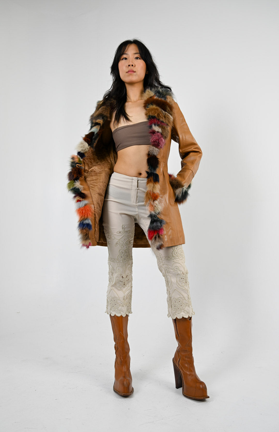 Palette Fur Trim Leather Coat