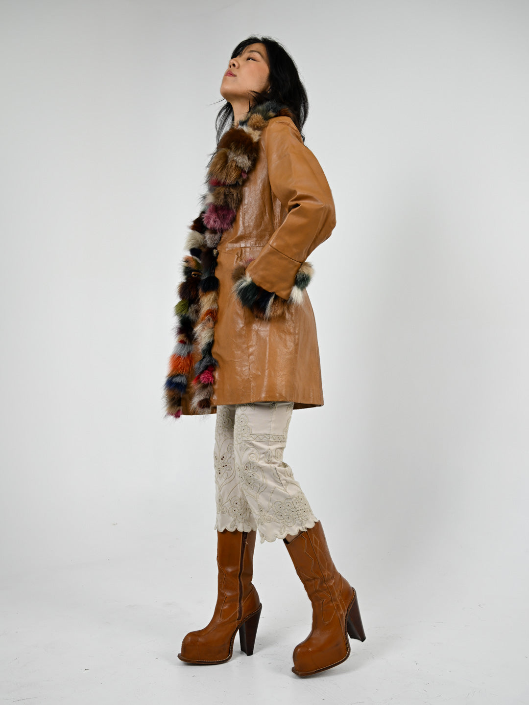 Palette Fur Trim Leather Coat