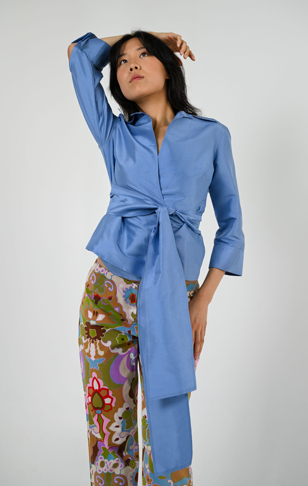 Periwinkle Silk Belted Shirt