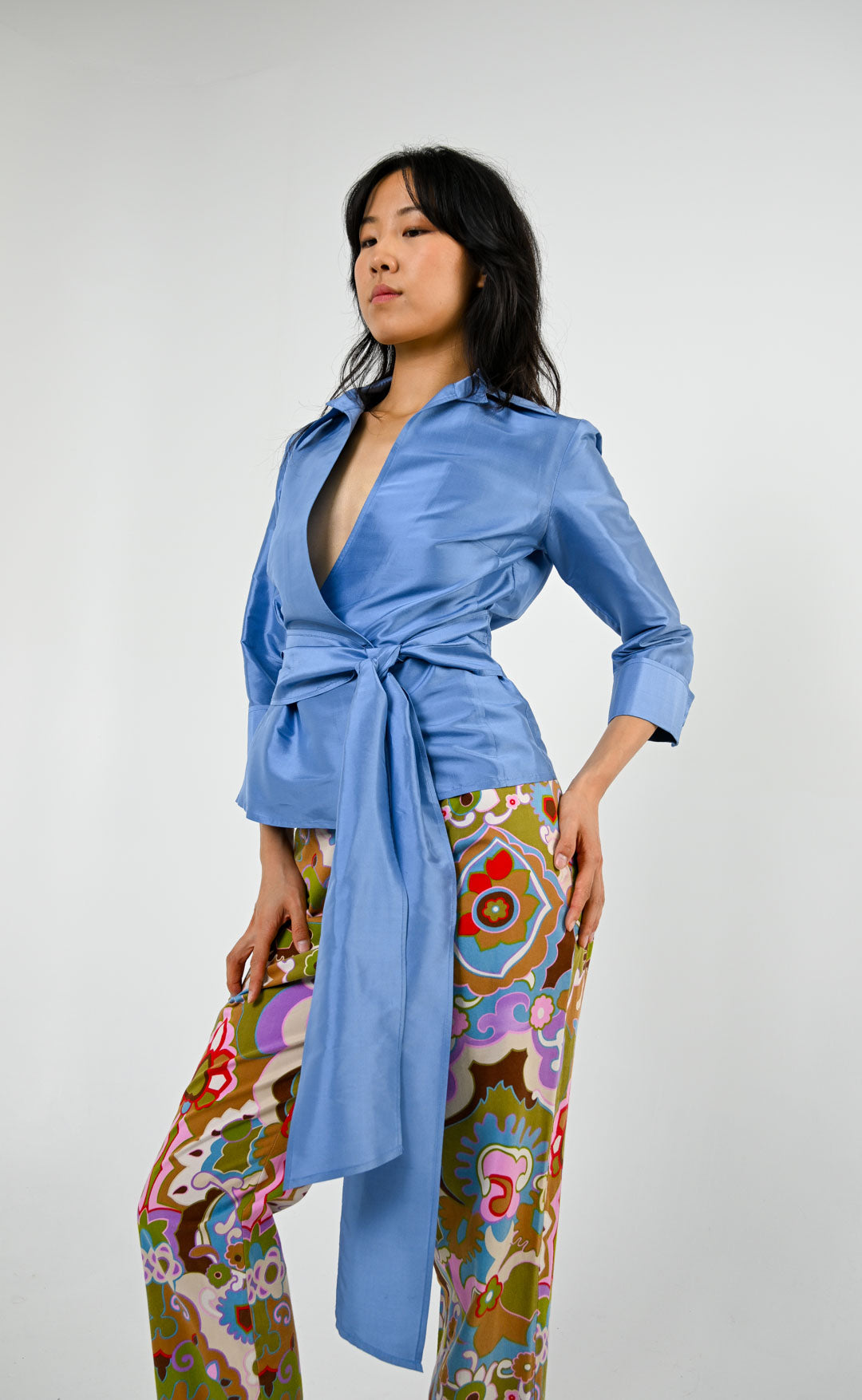 Periwinkle Silk Belted Shirt
