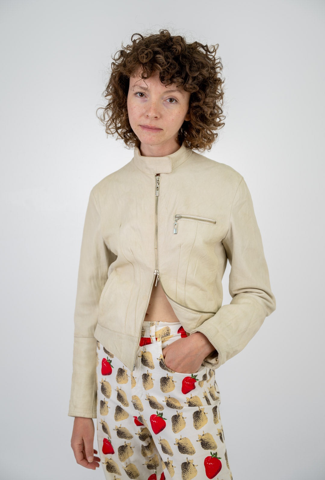 Cream Leather Zip Jacket