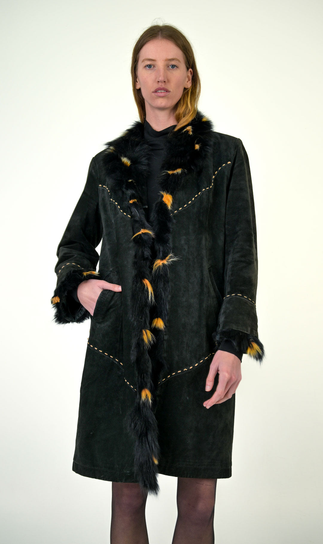 Fox Trim Suede Stitch Coat