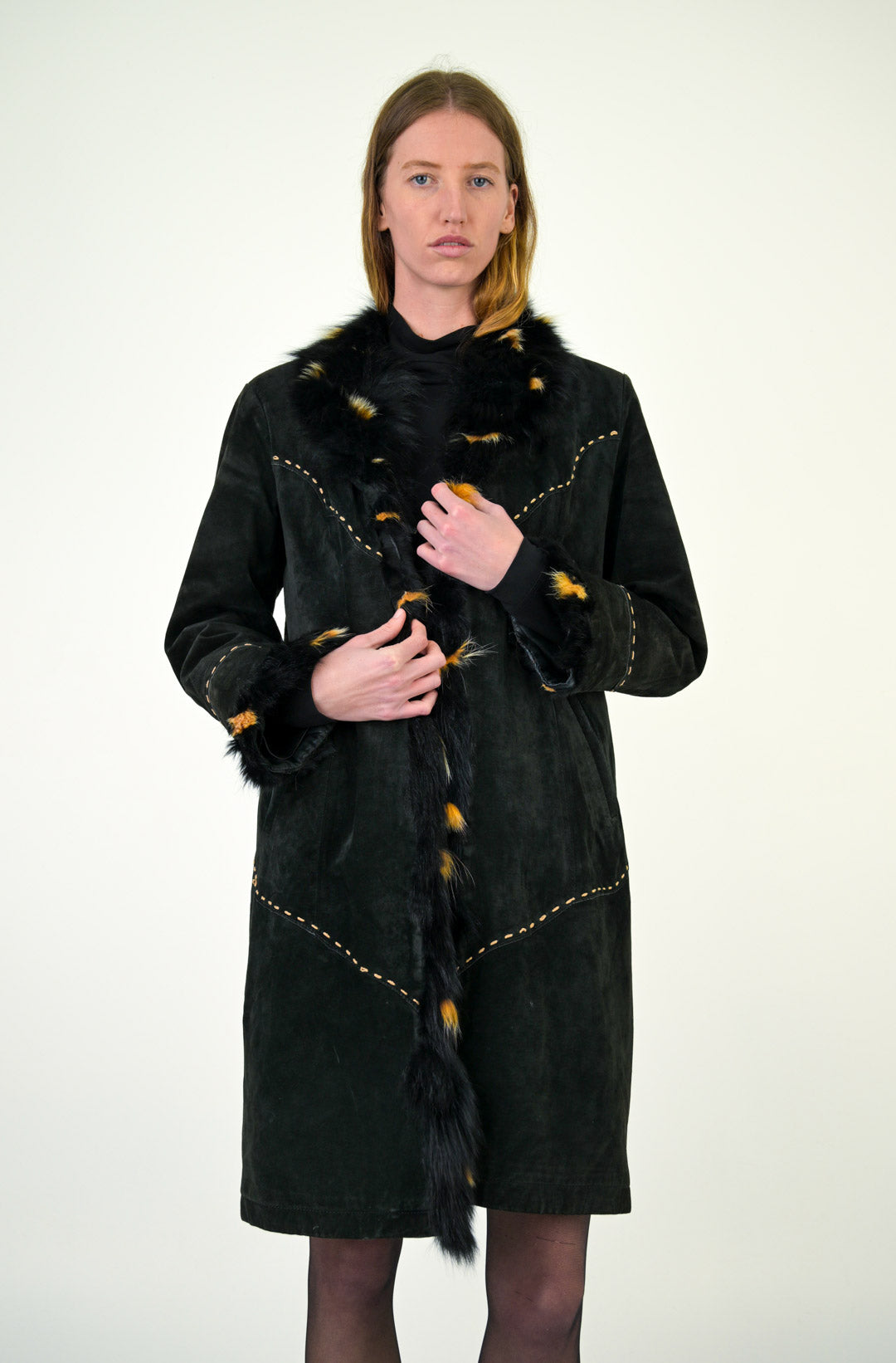 Fox Trim Suede Stitch Coat