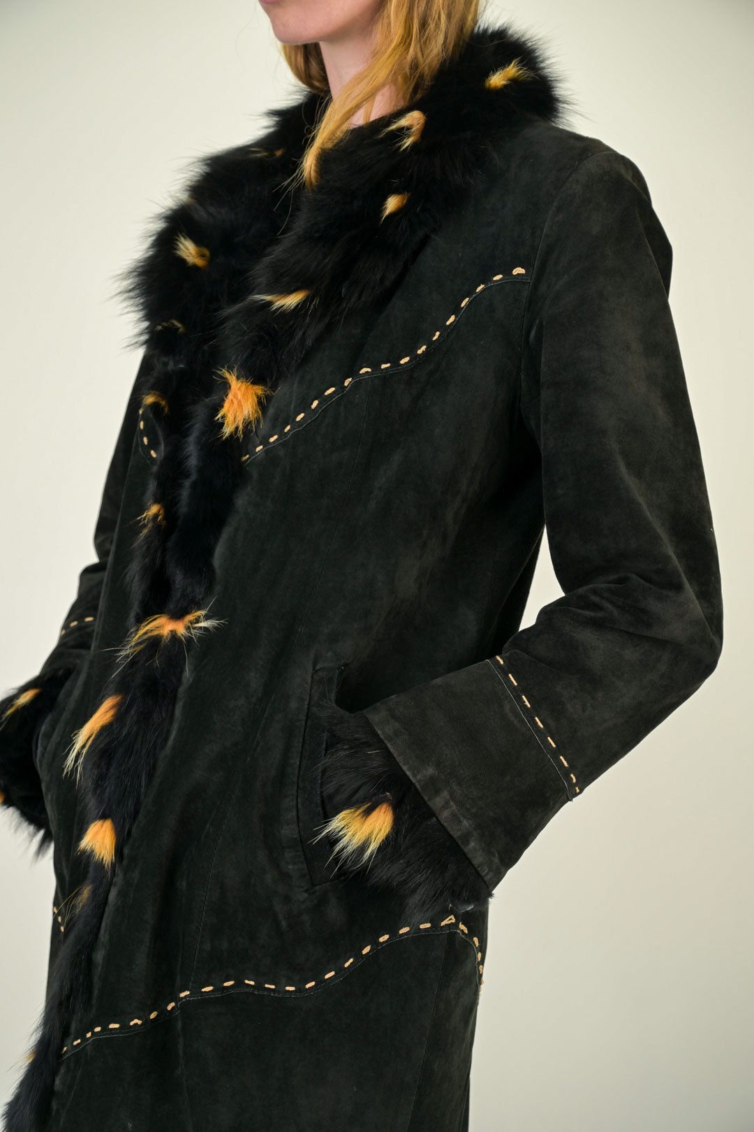 Fox Trim Suede Stitch Coat