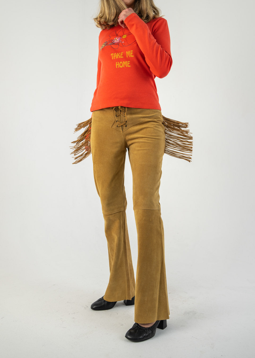 Camel Fringe Suede Pants