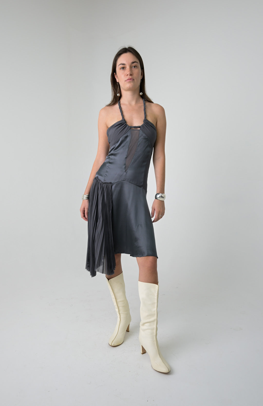 Gunmetal Silk Pleat Dress