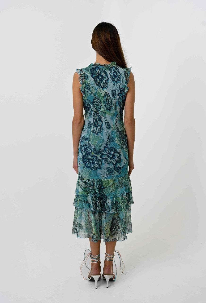 Blue Floral Silk Dress