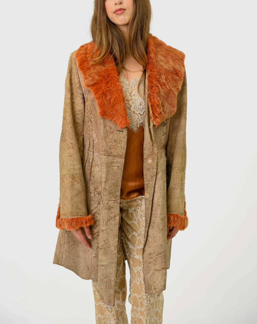 Amber Rabbit Trim Cowhide Coat