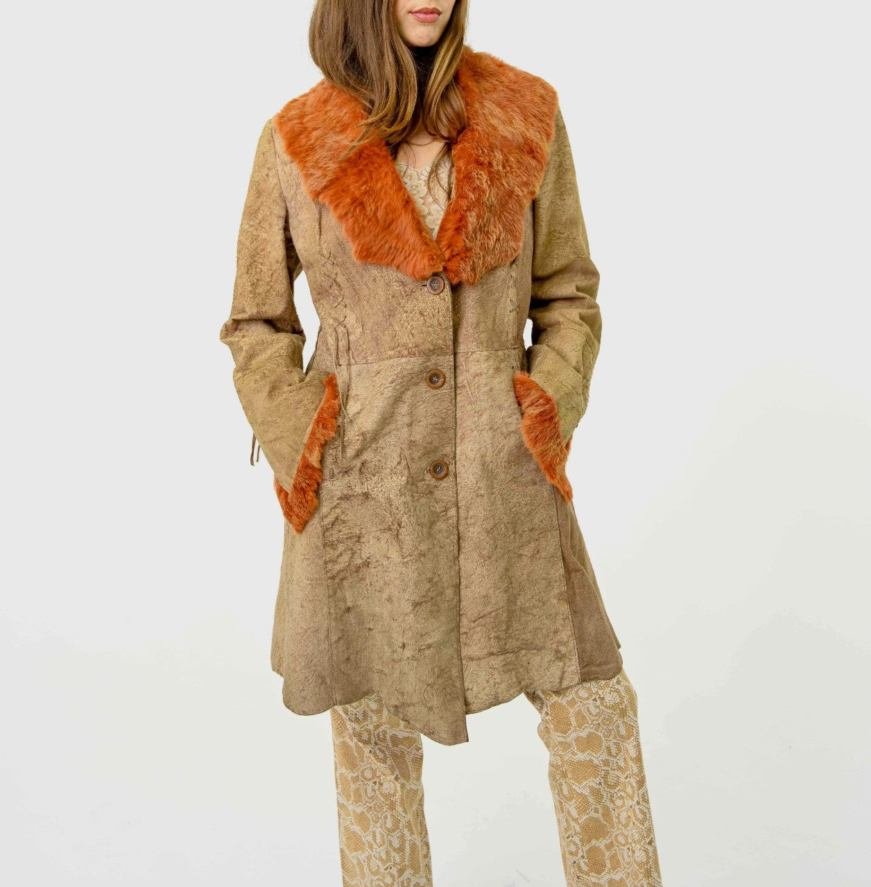 Amber Rabbit Trim Cowhide Coat