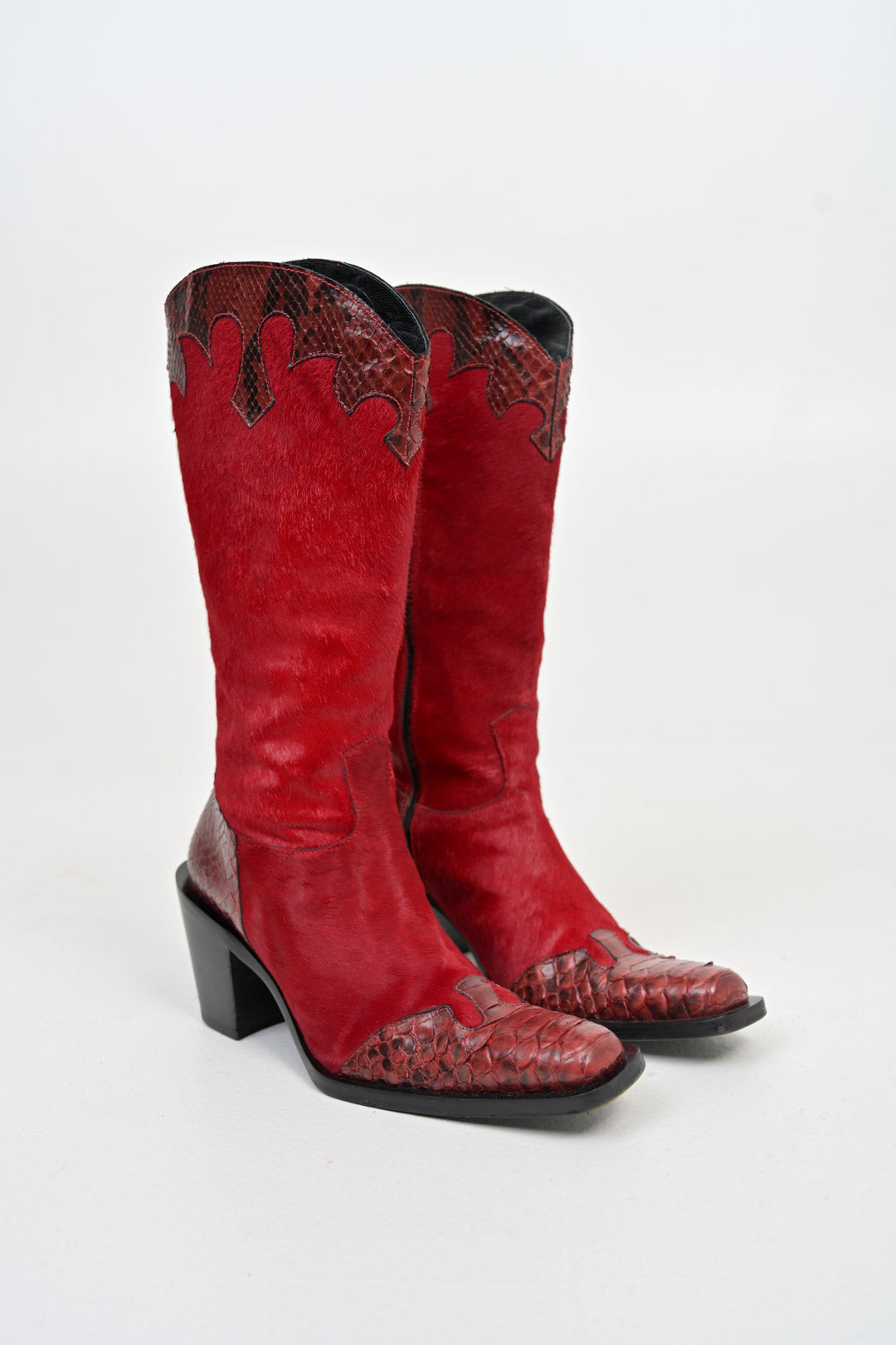 Crimson Calf Hair Snakeskin Cowboy Boots (40)