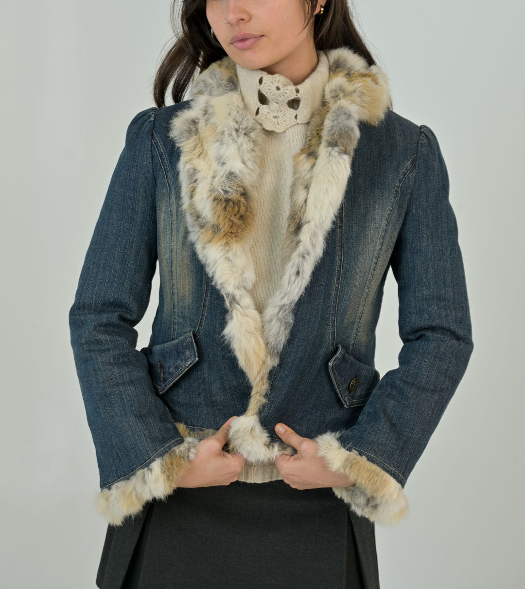 Rabbit Fur Trim Denim Jacket