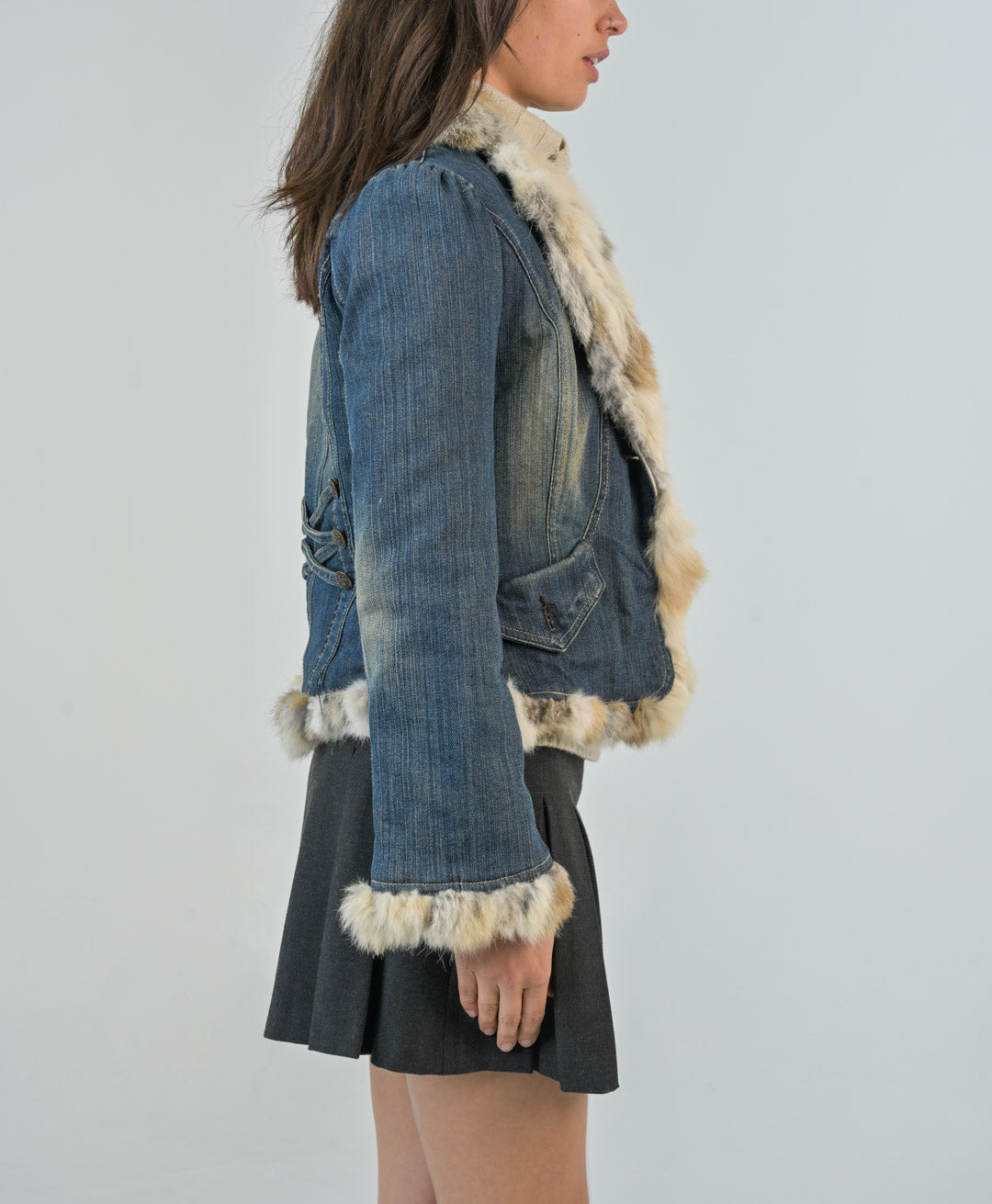 Rabbit Fur Trim Denim Jacket