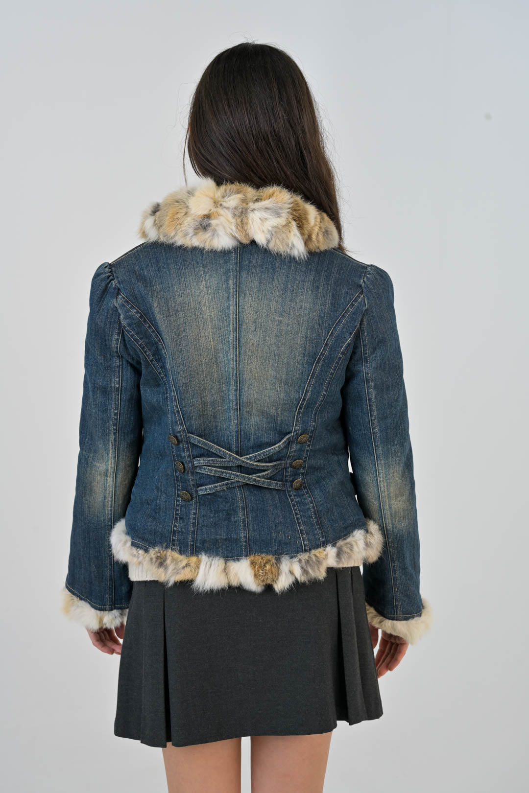 Rabbit Fur Trim Denim Jacket