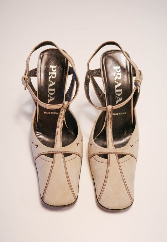 Prada Ecru Suede T-Strap Pumps | 36