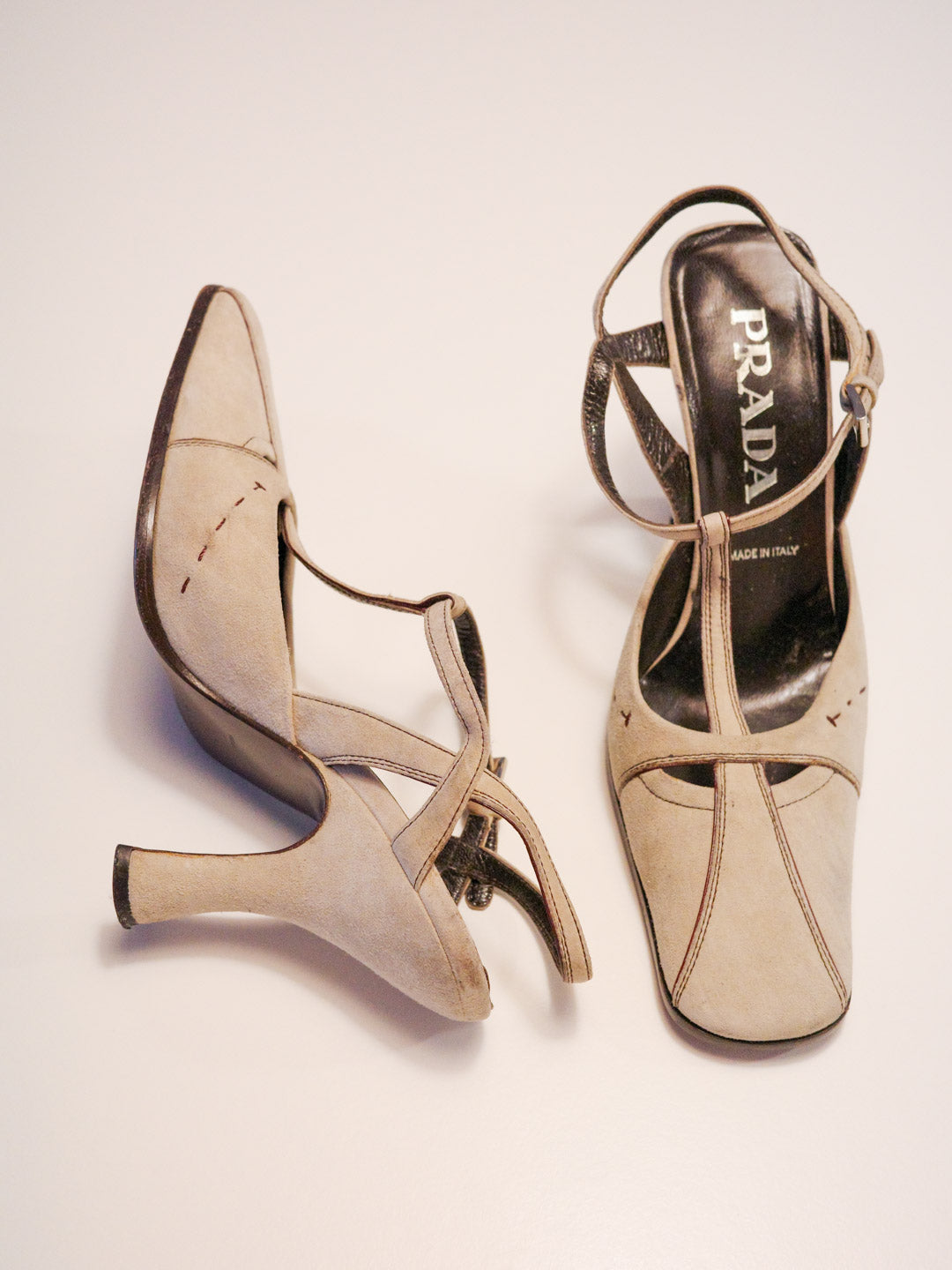 Prada Ecru Suede T-Strap Pumps | 36