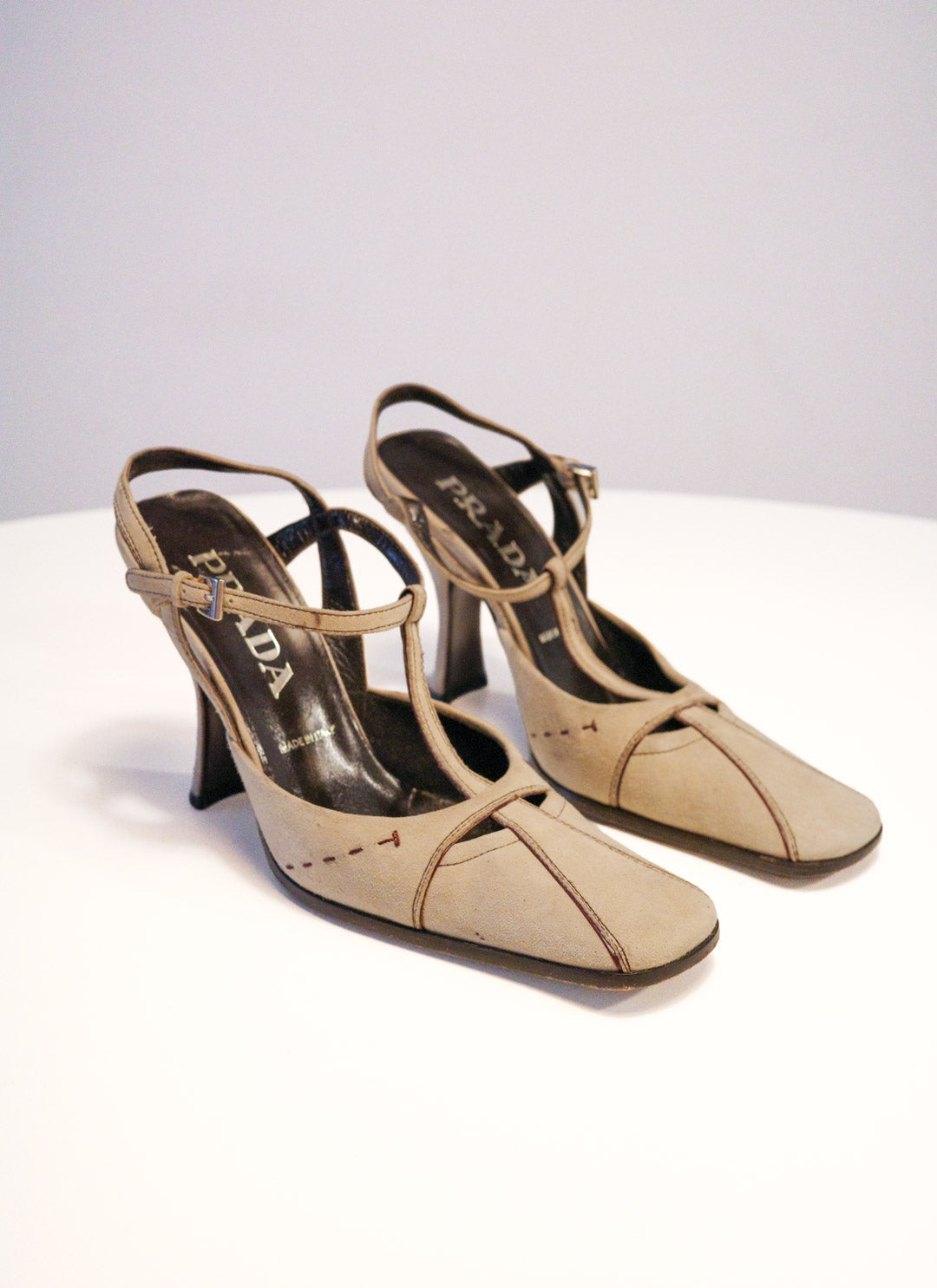 Prada Ecru Suede T-Strap Pumps | 36