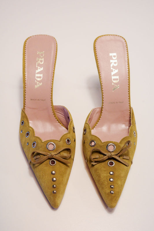 Prada Ochre Suede Grommet Mules | 37
