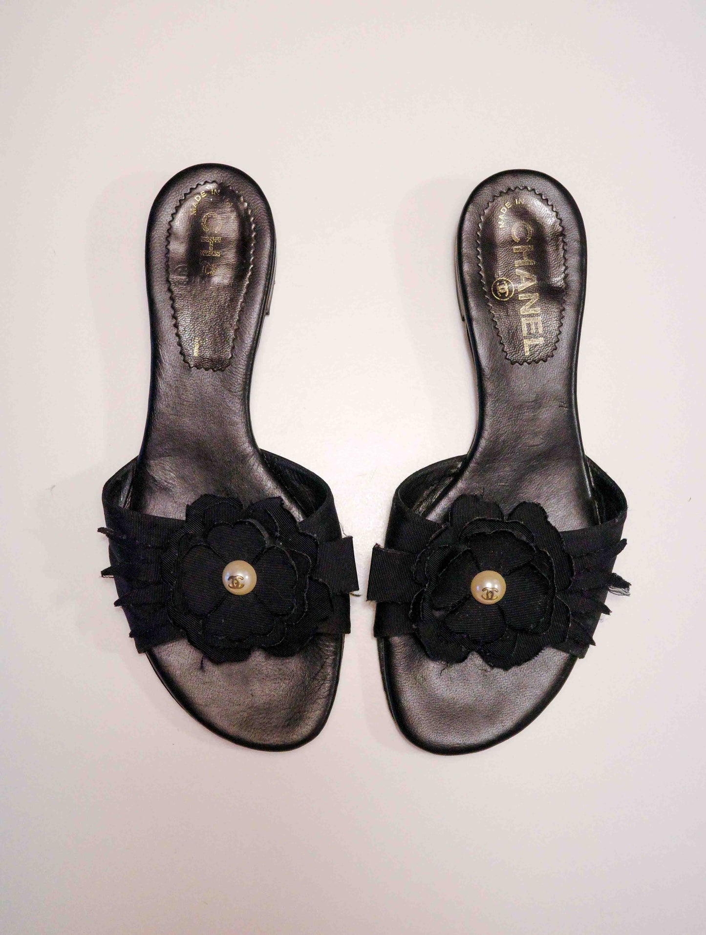 Chanel Black Camelia Pearl Slides | 37