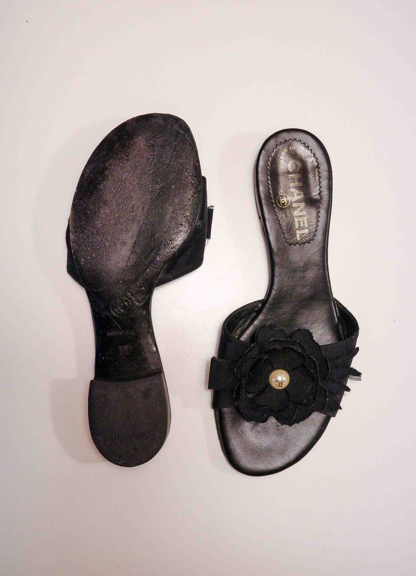 Chanel Black Camelia Pearl Slides | 37