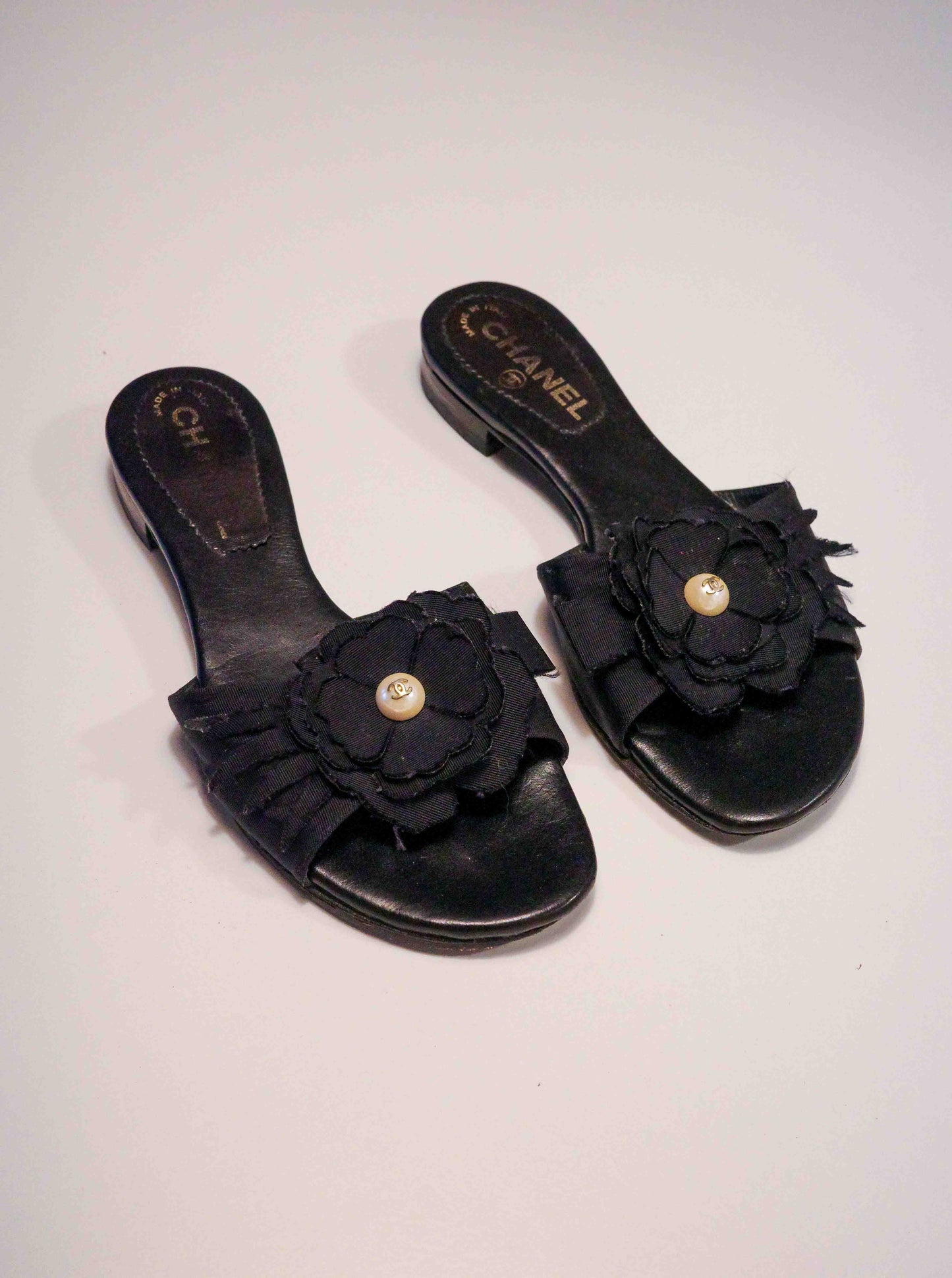 Chanel Black Camelia Pearl Slides | 37