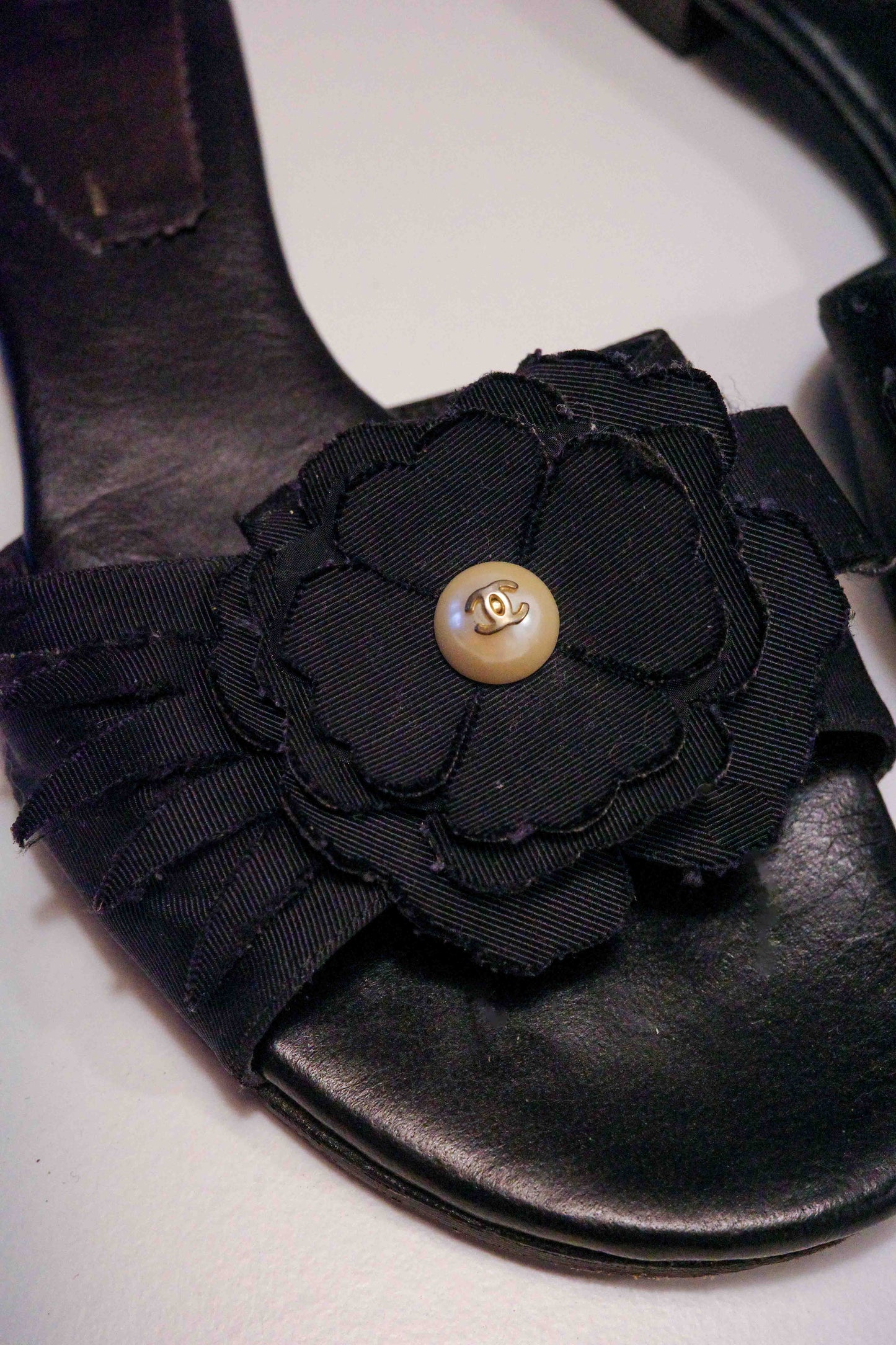 Chanel Black Camelia Pearl Slides | 37