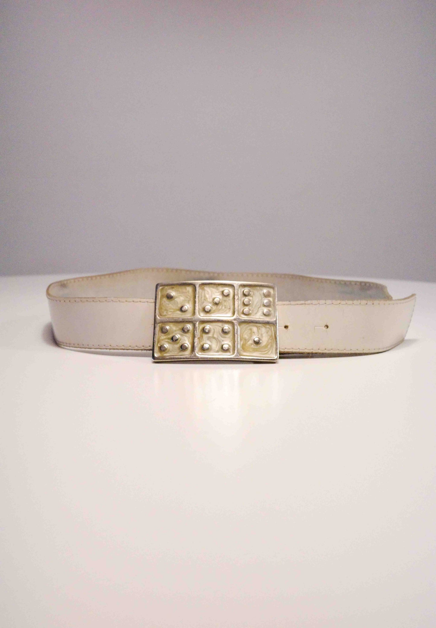 White Domino Leather Belt