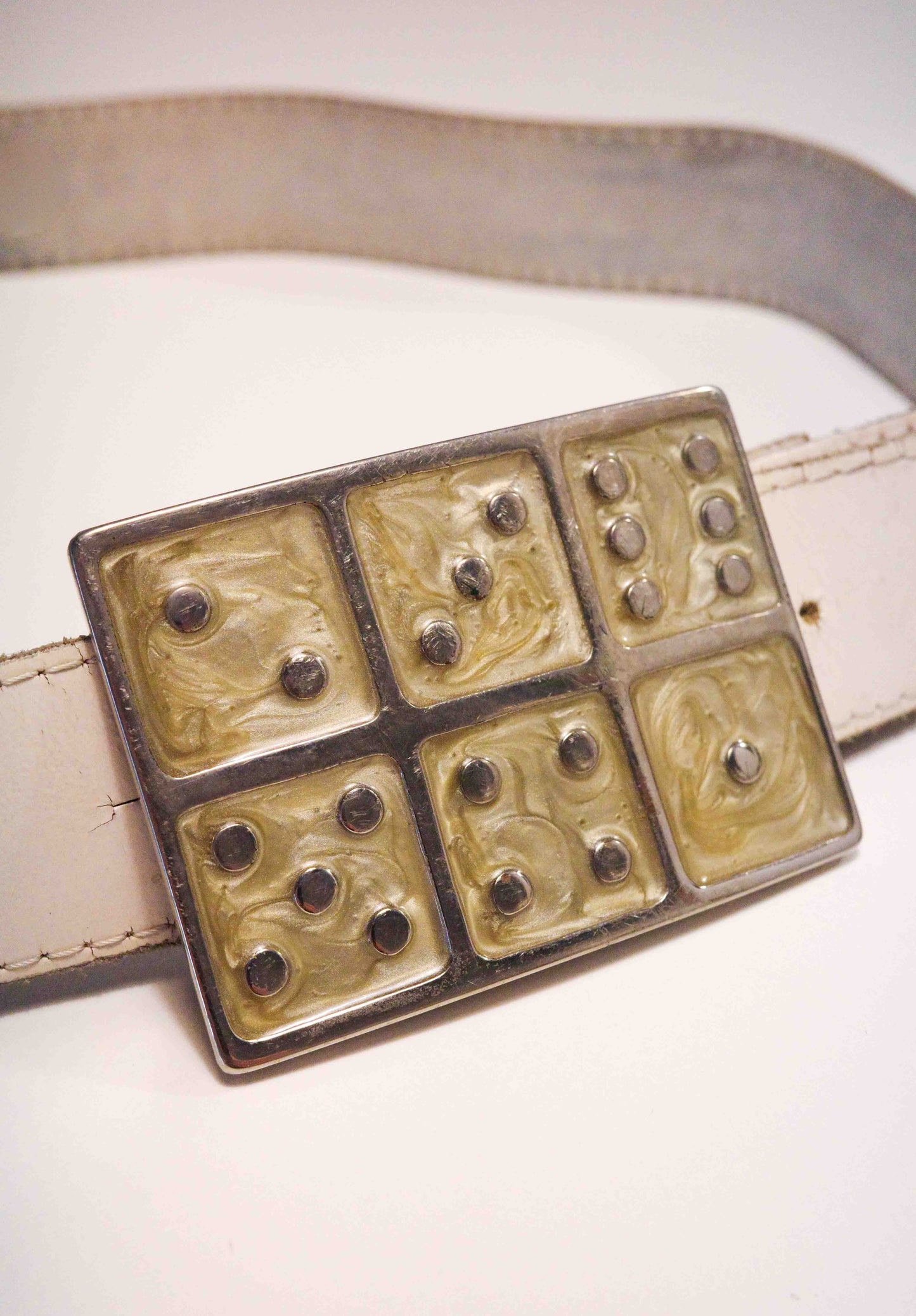 White Domino Leather Belt
