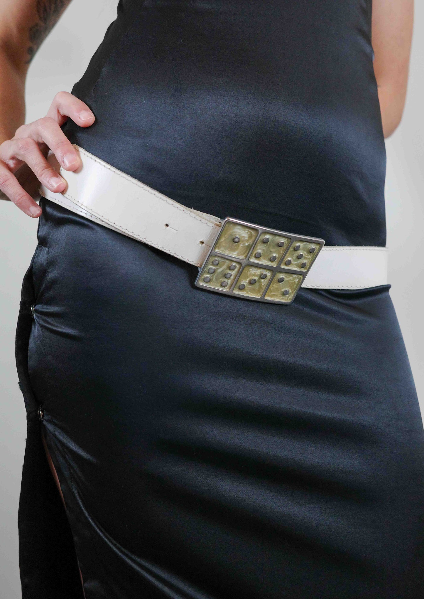 White Domino Leather Belt