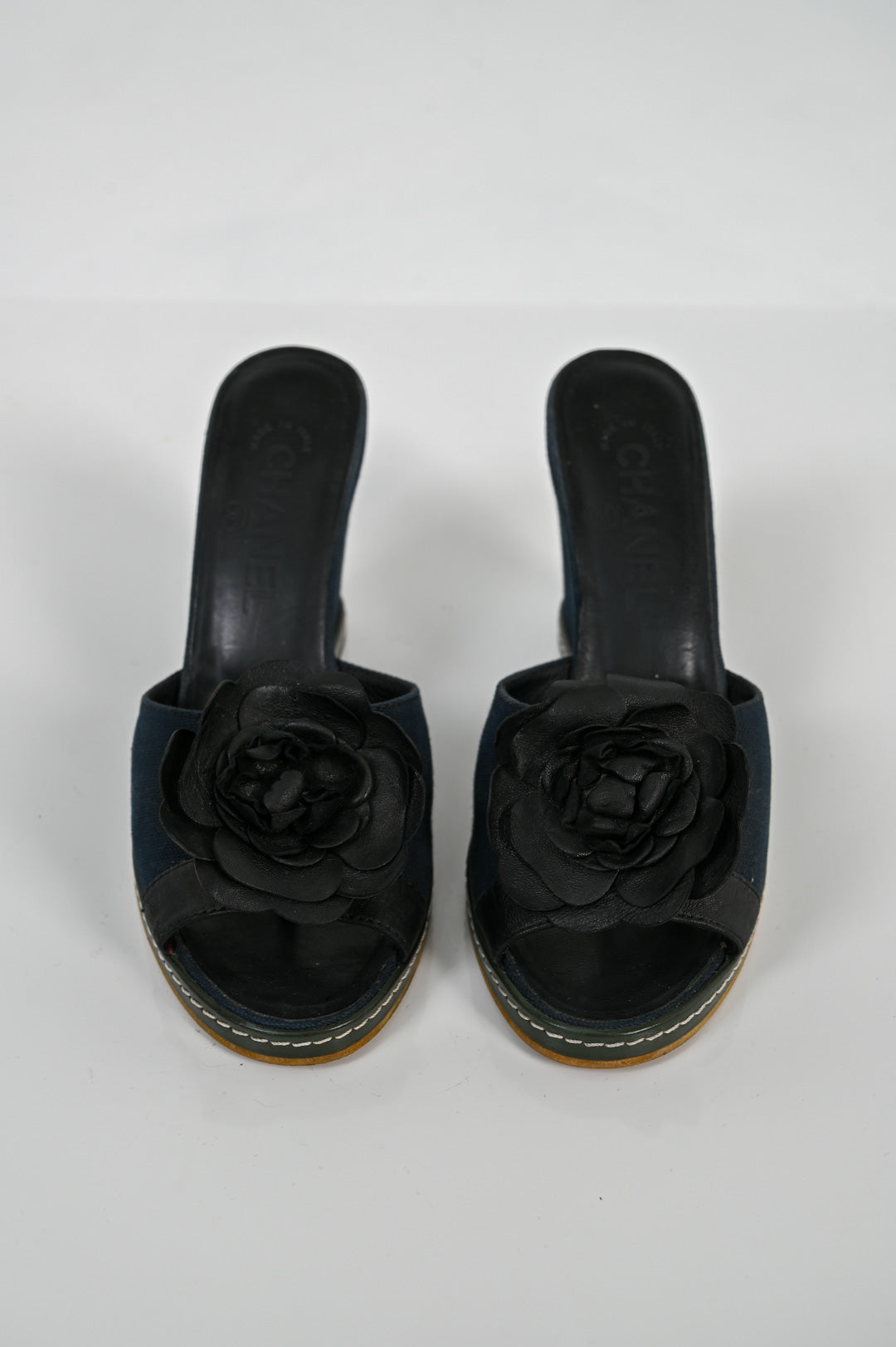 Chanel Navy Linen Rosette Wedge (37.5)