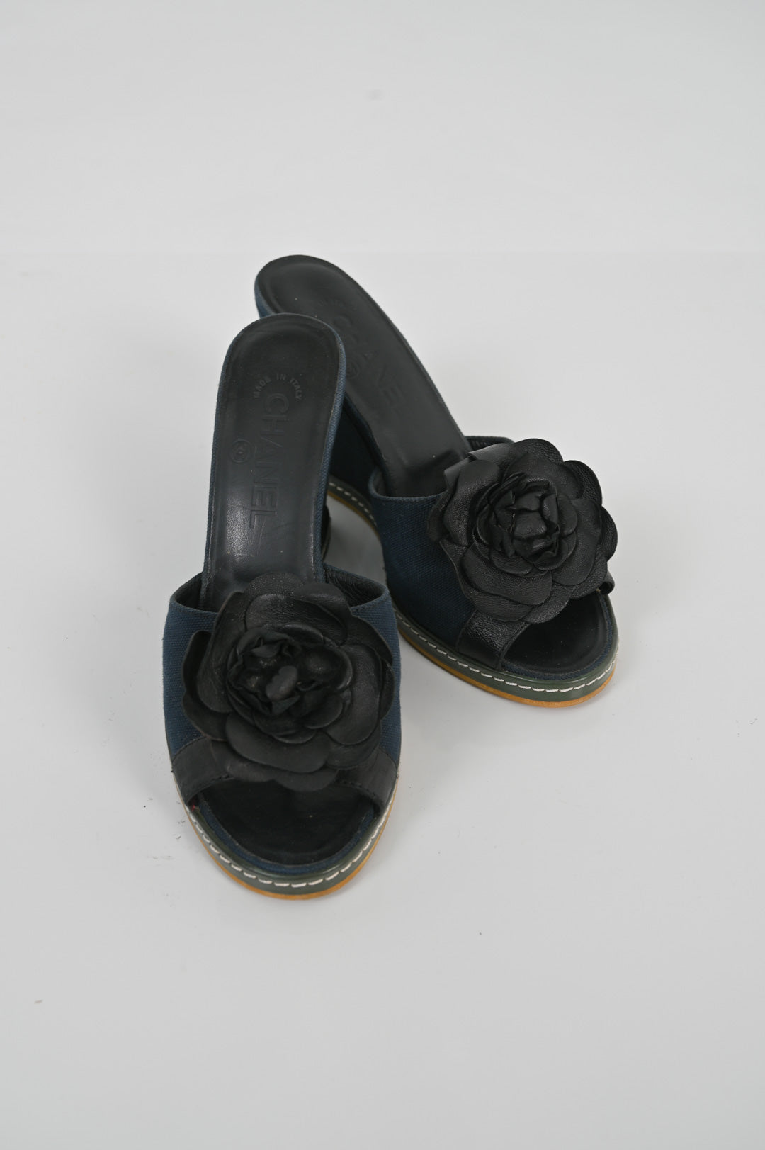 Chanel Navy Linen Rosette Wedge (37.5)