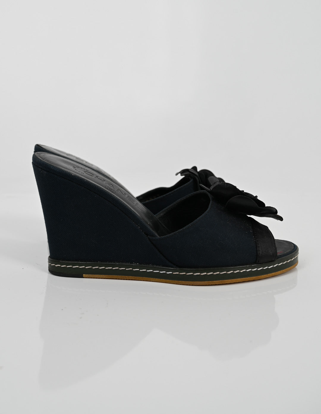 Chanel Navy Linen Rosette Wedge (37.5)