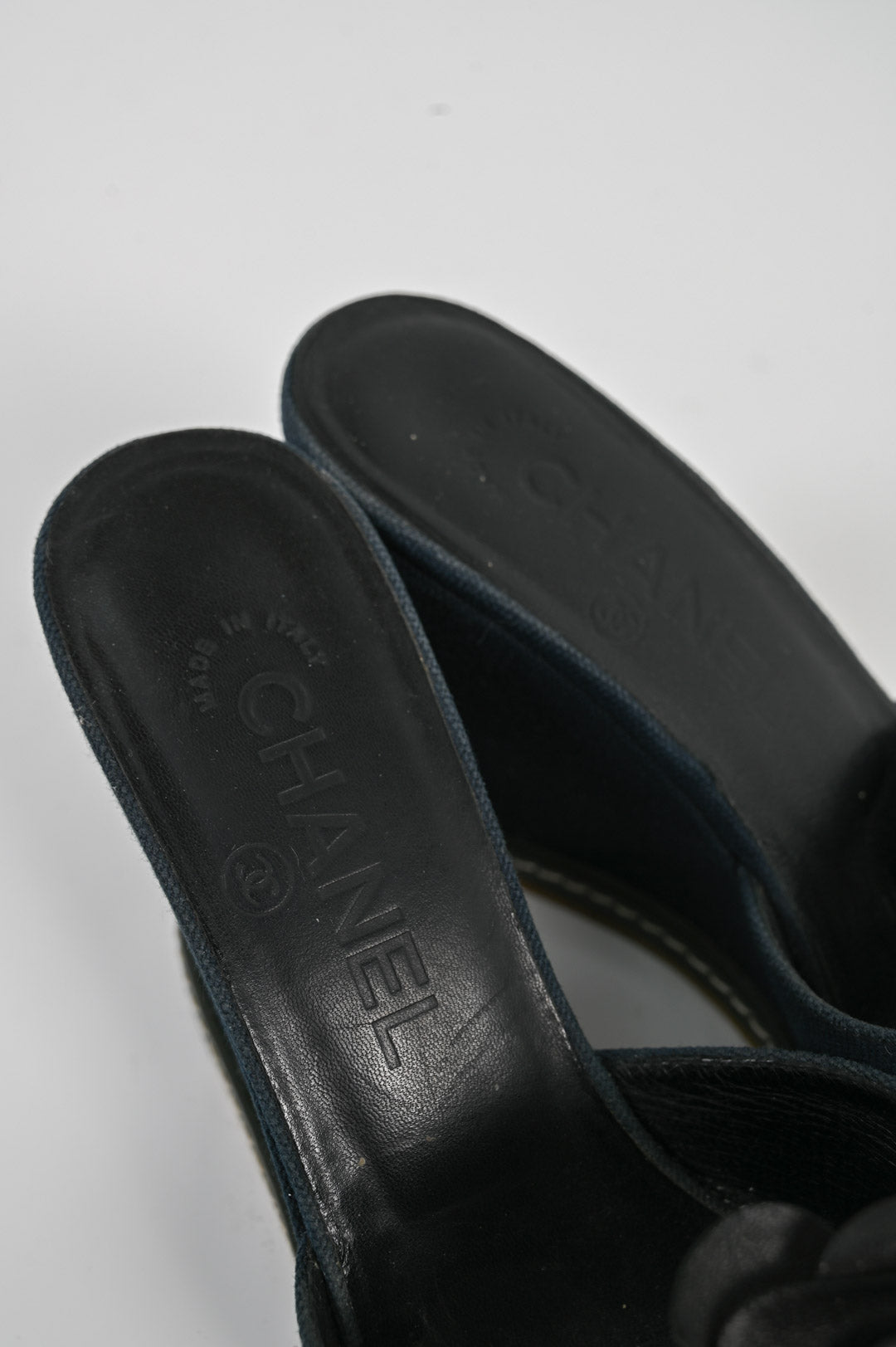 Chanel Navy Linen Rosette Wedge (37.5)