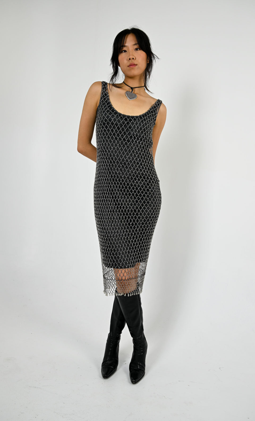 Gunmetal Beaded Fishnet Dress