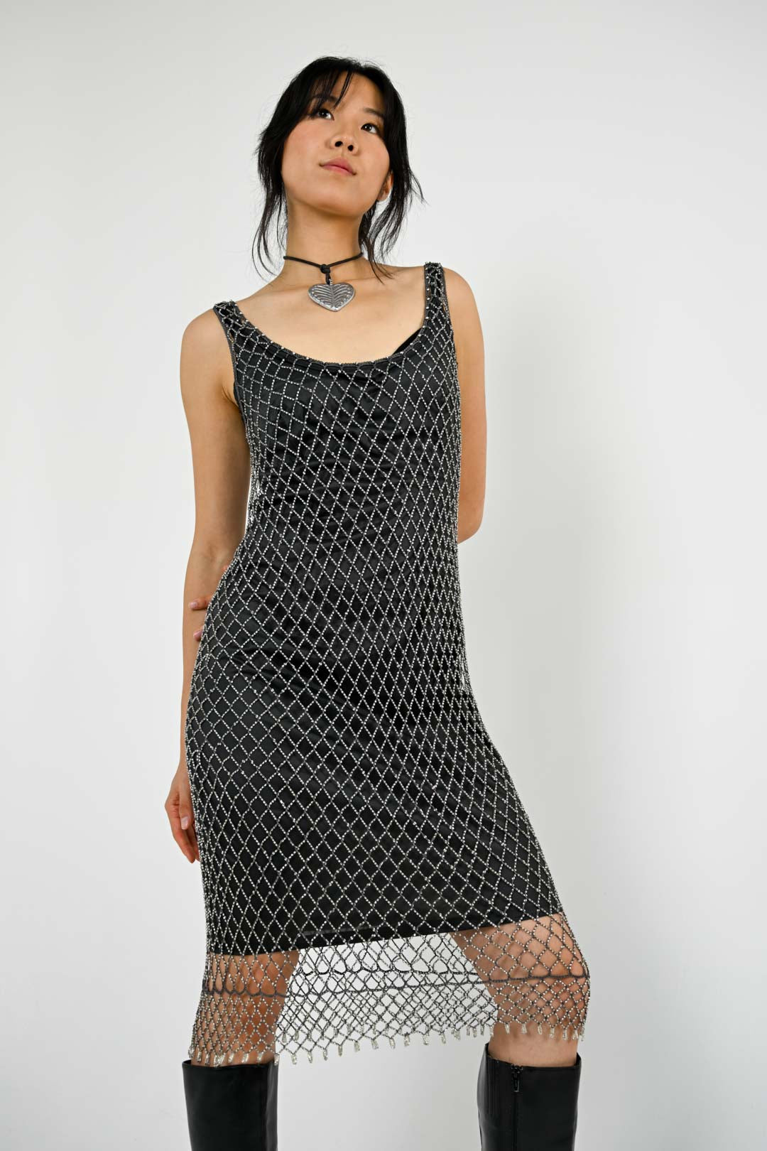 Gunmetal Beaded Fishnet Dress