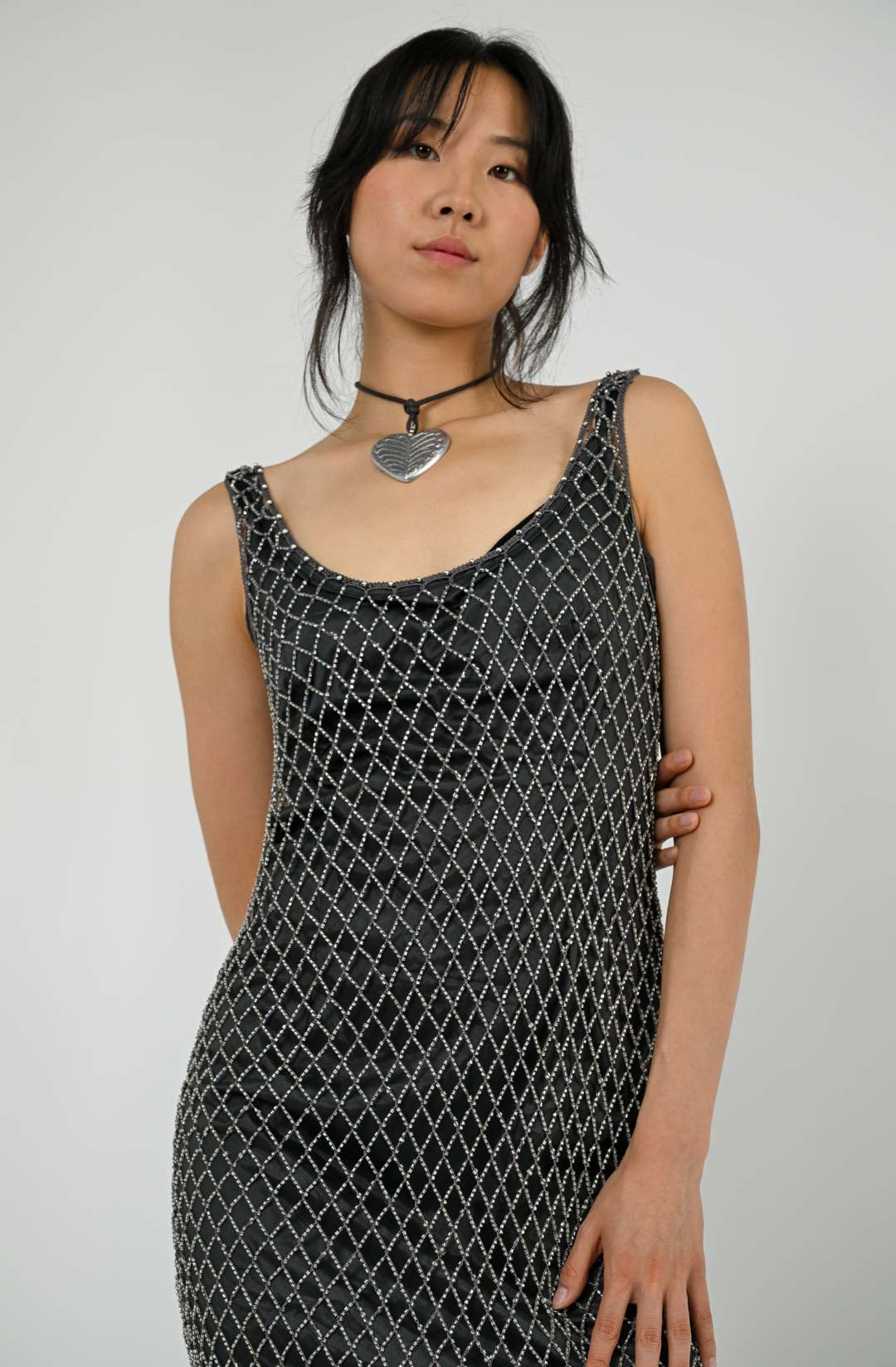 Gunmetal Beaded Fishnet Dress