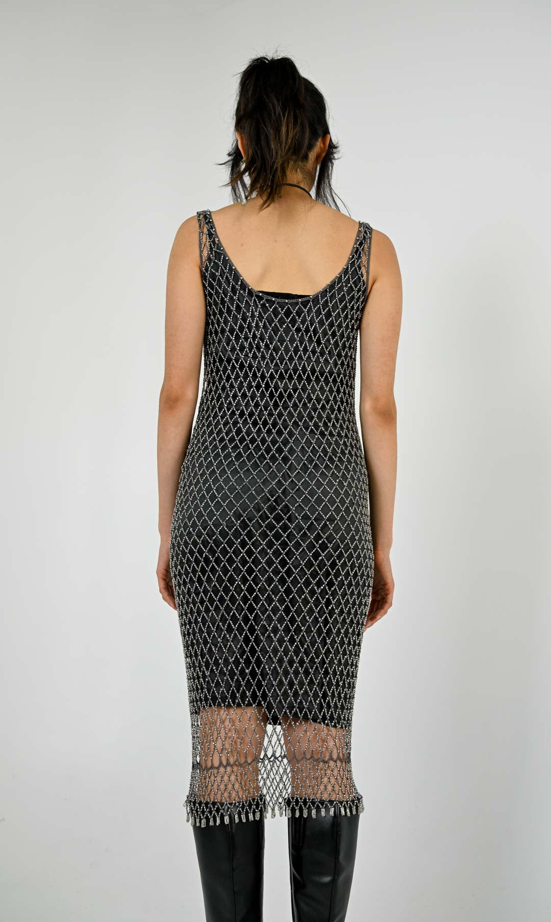 Gunmetal Beaded Fishnet Dress