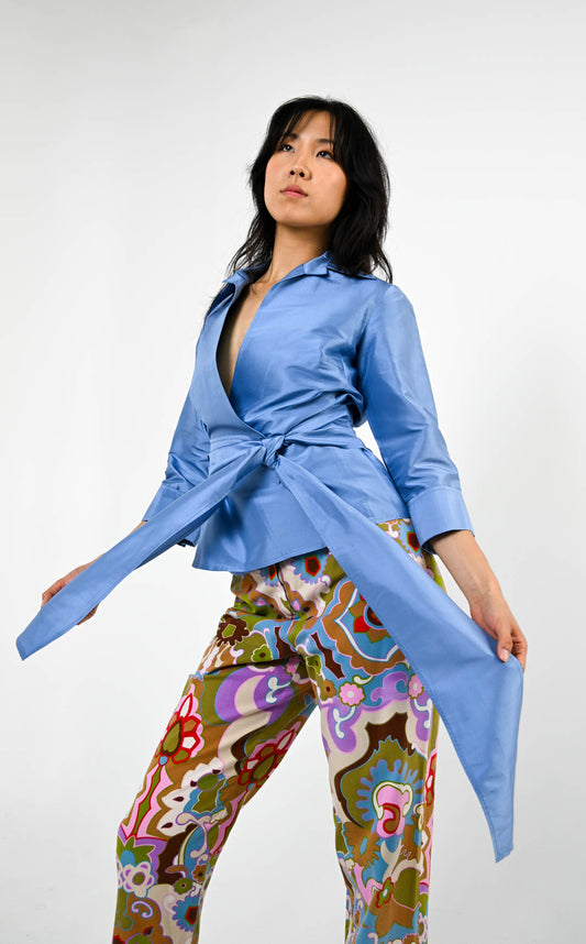 Periwinkle Silk Belted Shirt