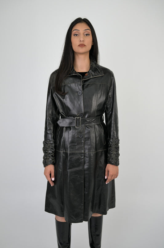 Ruched Leather Trench Coat