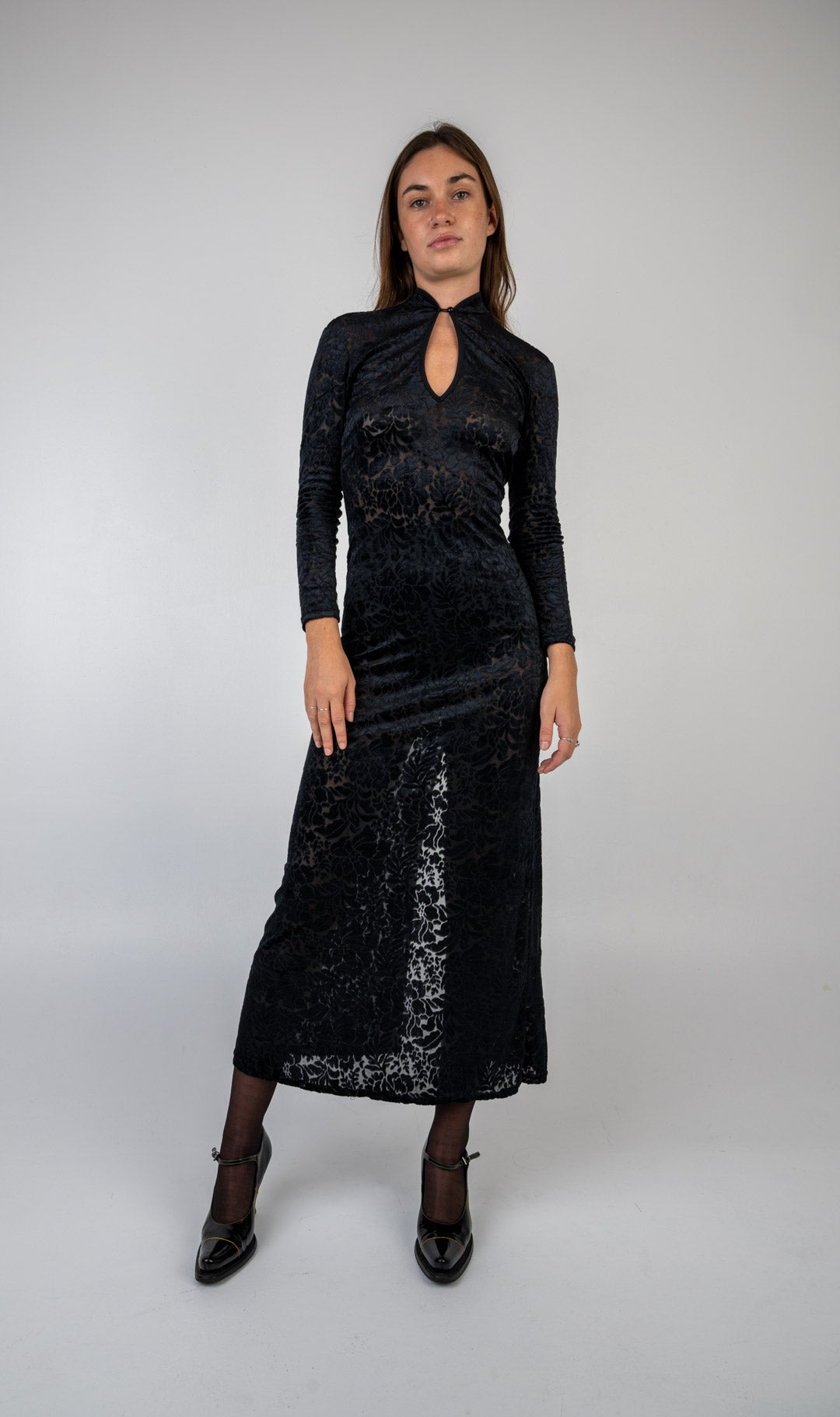 Black Velvet Mandarin Collar Dress