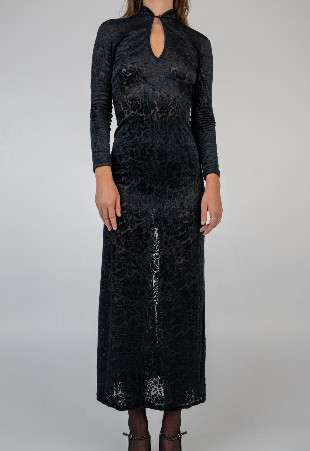 Black Velvet Mandarin Collar Dress