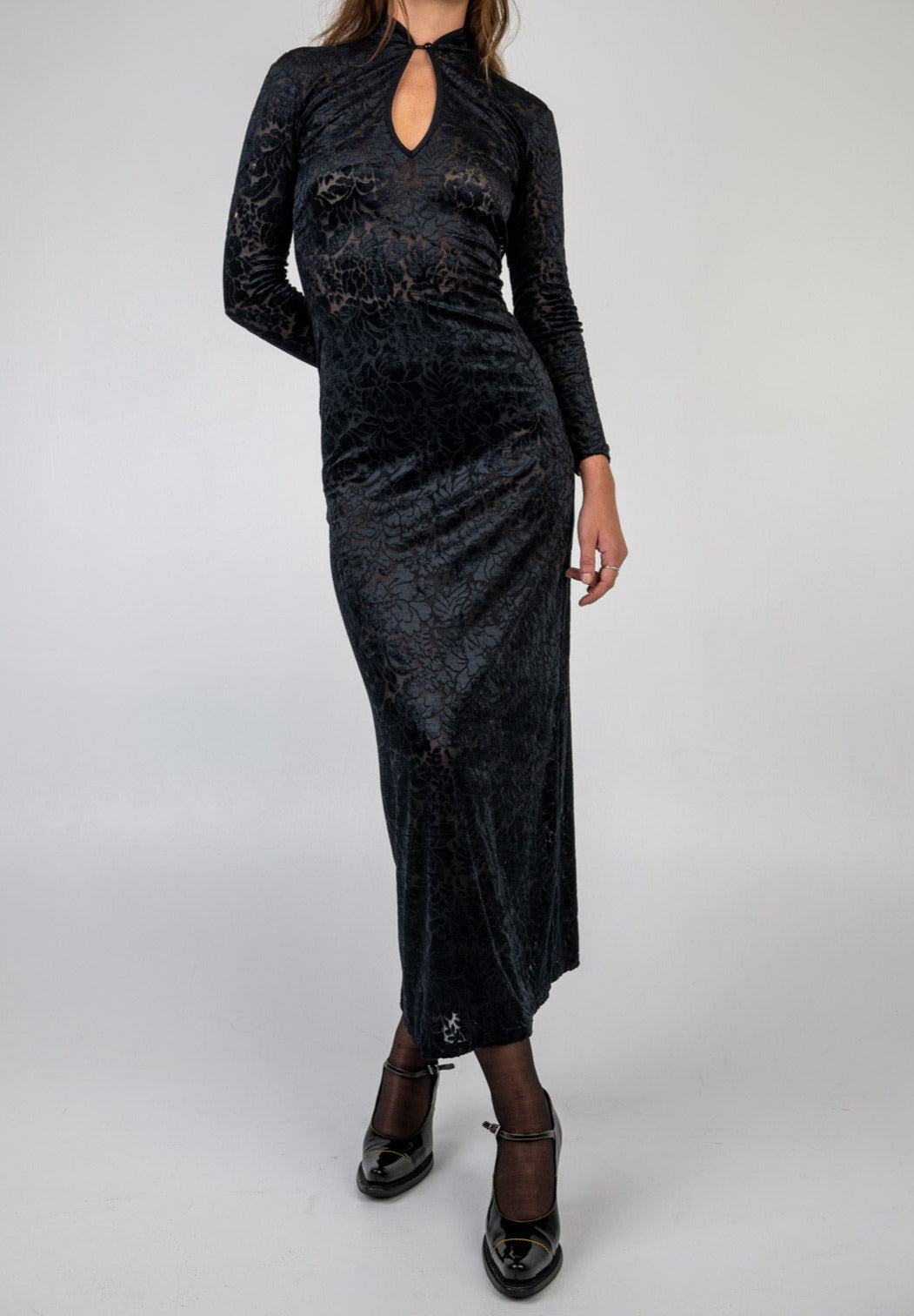 Black Velvet Mandarin Collar Dress