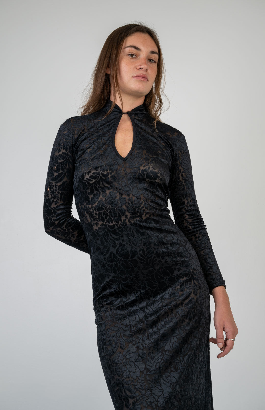 Black Velvet Mandarin Collar Dress