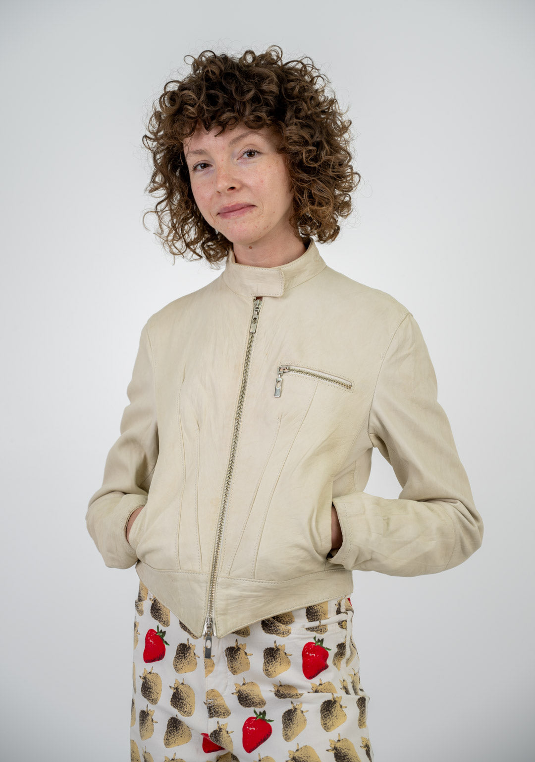 Cream Leather Zip Jacket