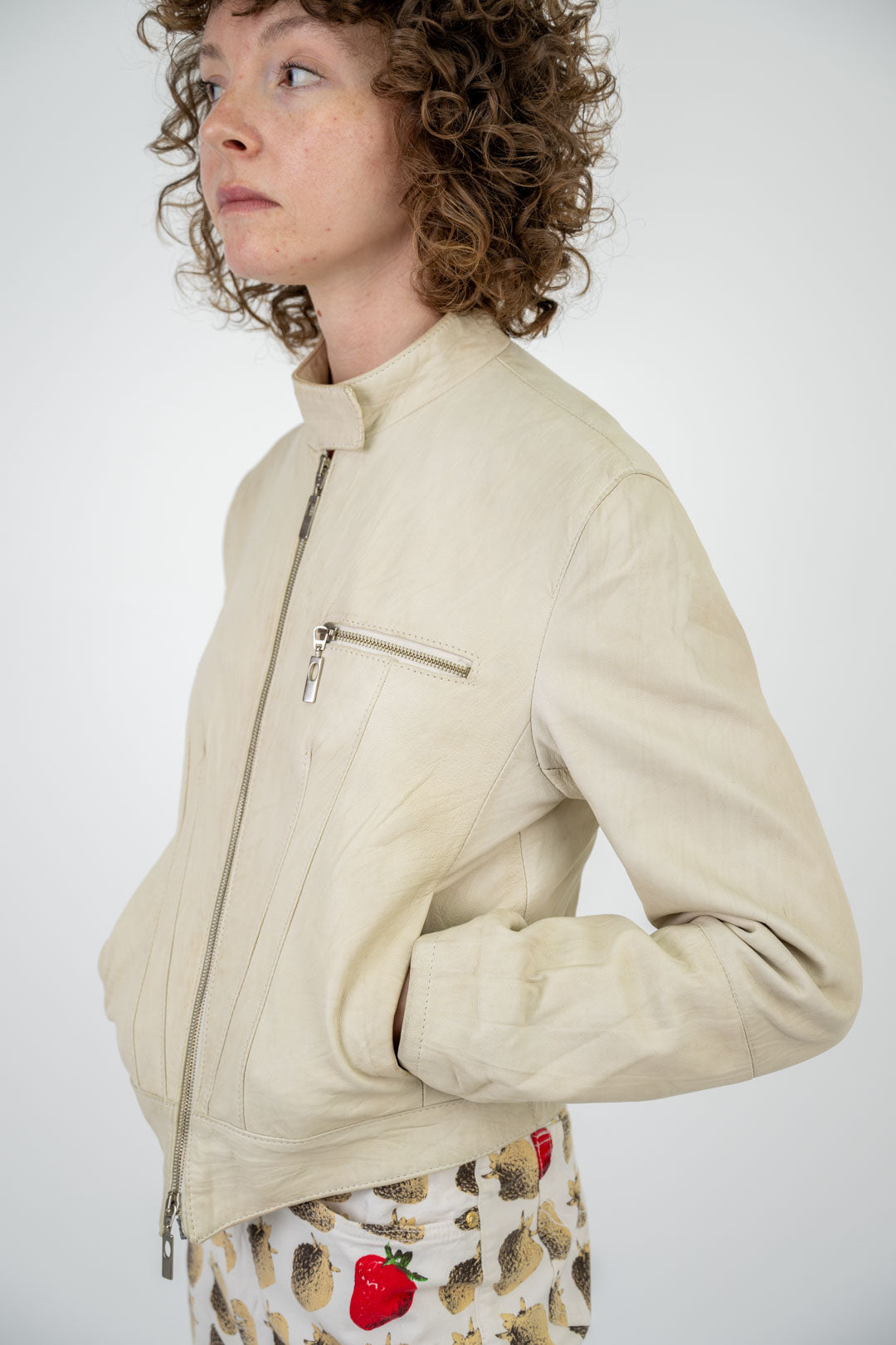 Cream Leather Zip Jacket